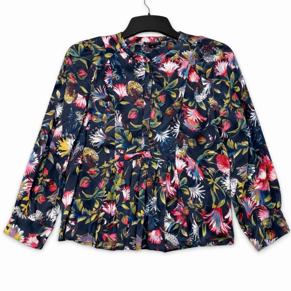 J Crew 100% Silk Floral Pleated Popover Blouse Size M Half Button Flowy Fairy